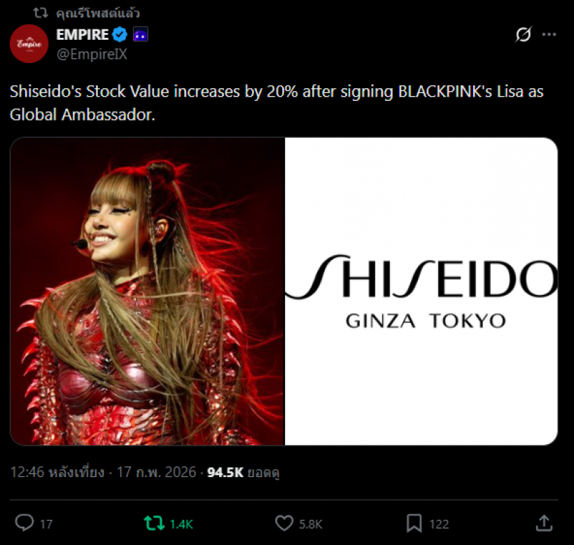 ดราม่าแล้วไง? พลัง LISA ฉุดหุ่น Shiseido พุ่งกระฉูด!!!